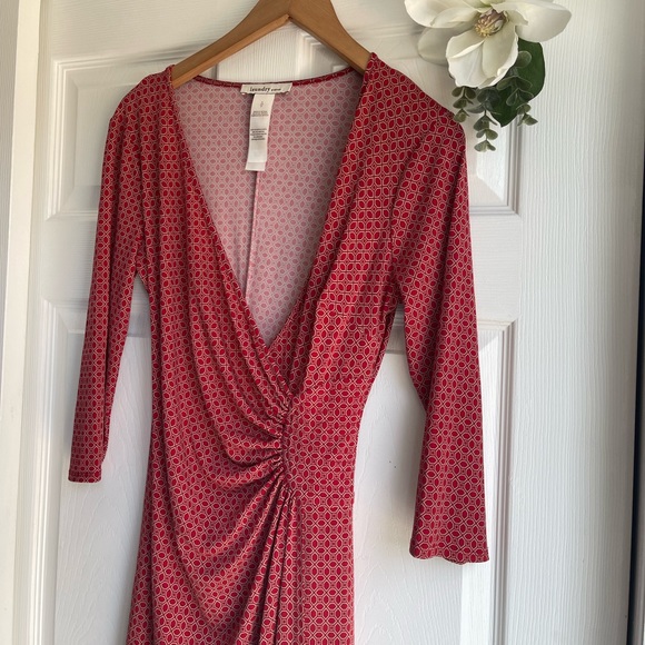 HP💗 Laundry by Design Red Geometric Print Faux Wrap Dress Sz S - Picture 2 of 7